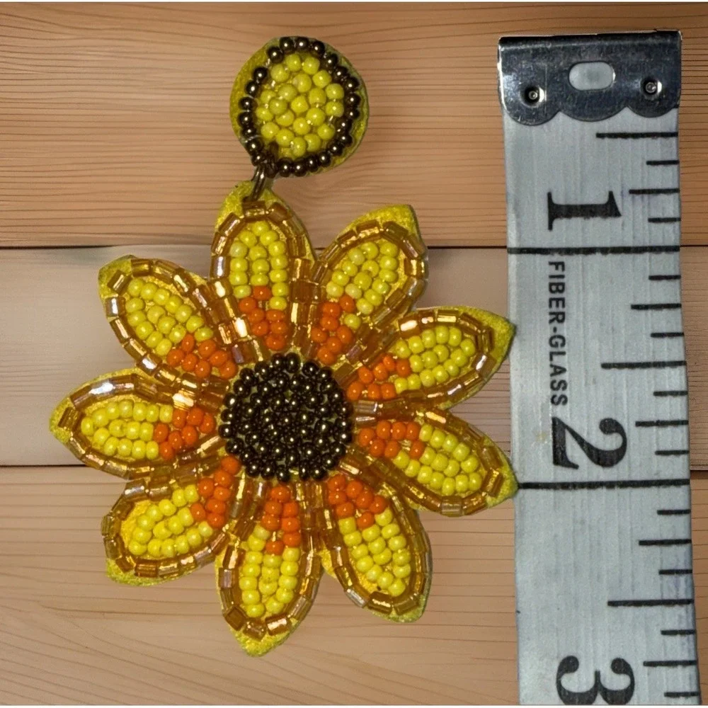 Sunflower‎ Beaded Dangle Earrings Yellow Seed Bead Felt Back Boho 2.5
